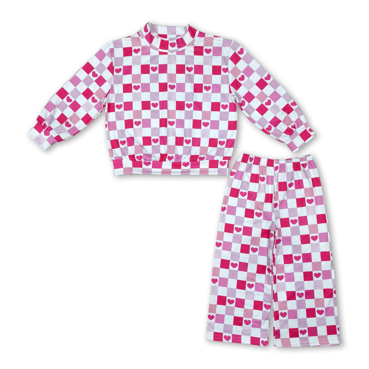 Pink heart plaid mock neck top pants girls Valentine&