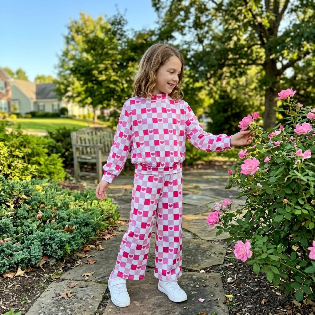 Pink heart plaid mock neck top pants girls Valentine&