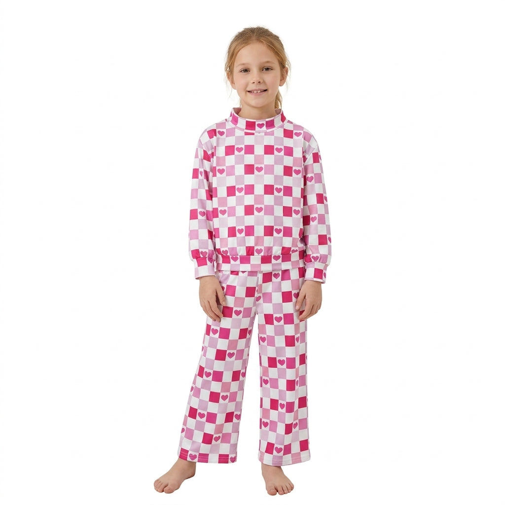 Pink heart plaid mock neck top pants girls Valentine&