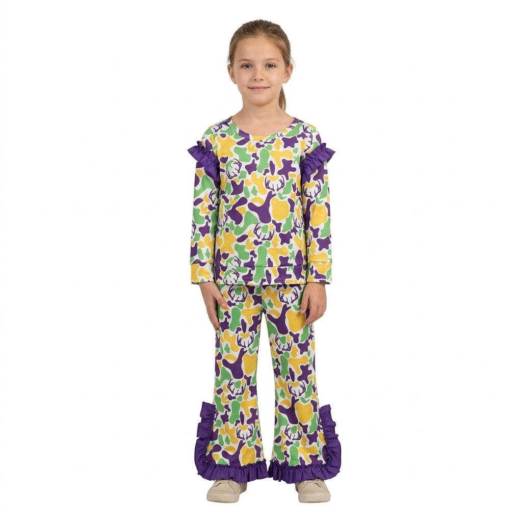 Deer camo ruffle top pants girls Mardi Gras outfits