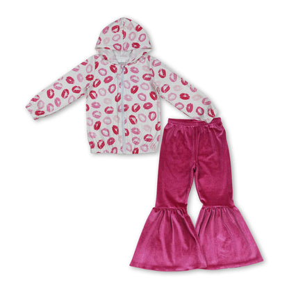 Lips hooded jacket velvet pants girls valentine&