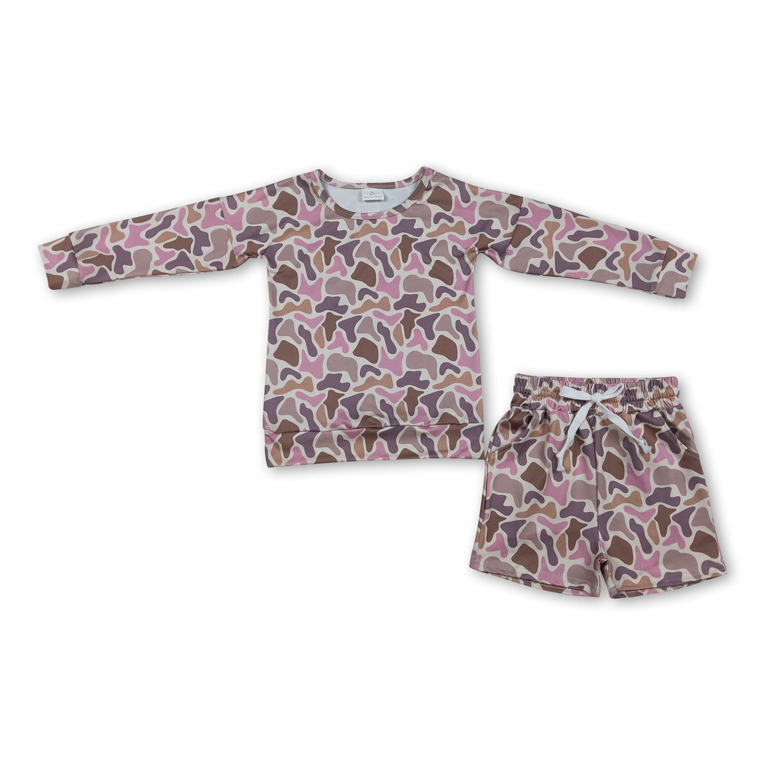 Pink camo long sleeves top and shorts set for girls by Mini Rodeo, featuring cute, casual kids&