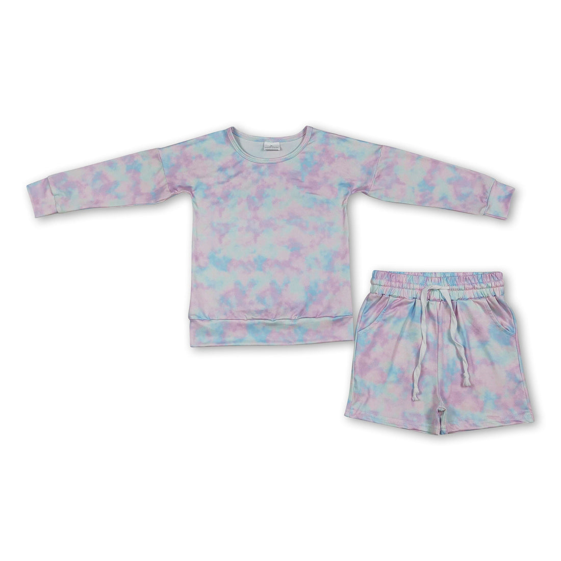 Mini Rodeo girl long sleeves tie dye top and shorts set, colorful casual outfit for kids featuring a vibrant tie dye pattern.