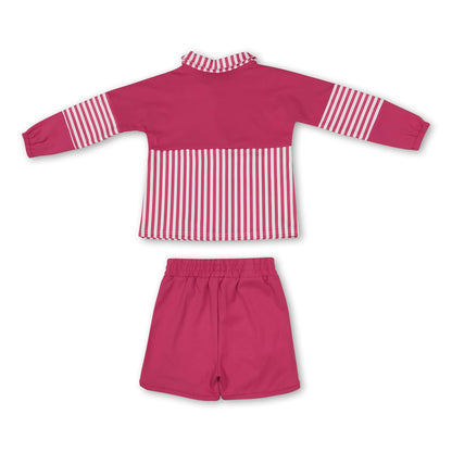 Hot pink stripe patchwork pullover shorts girls active set