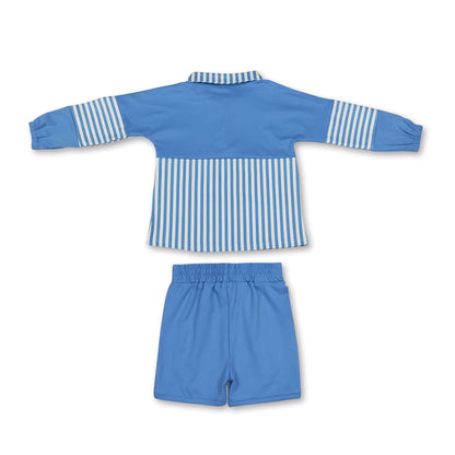 Light blue stripe patchwork pullover shorts girls active set