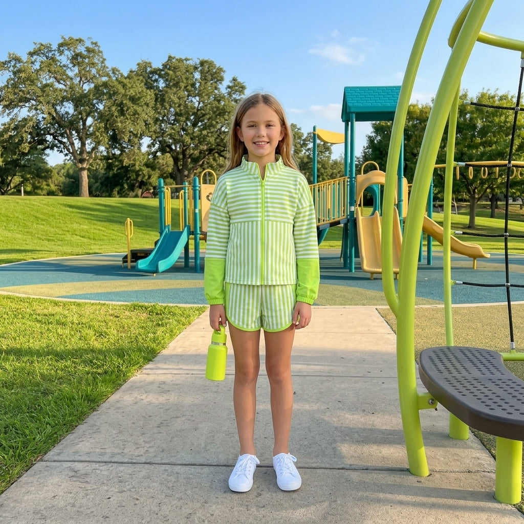Green stripe patchwork pullover shorts girls active set