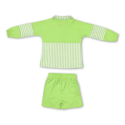 Green stripe patchwork pullover shorts girls active set