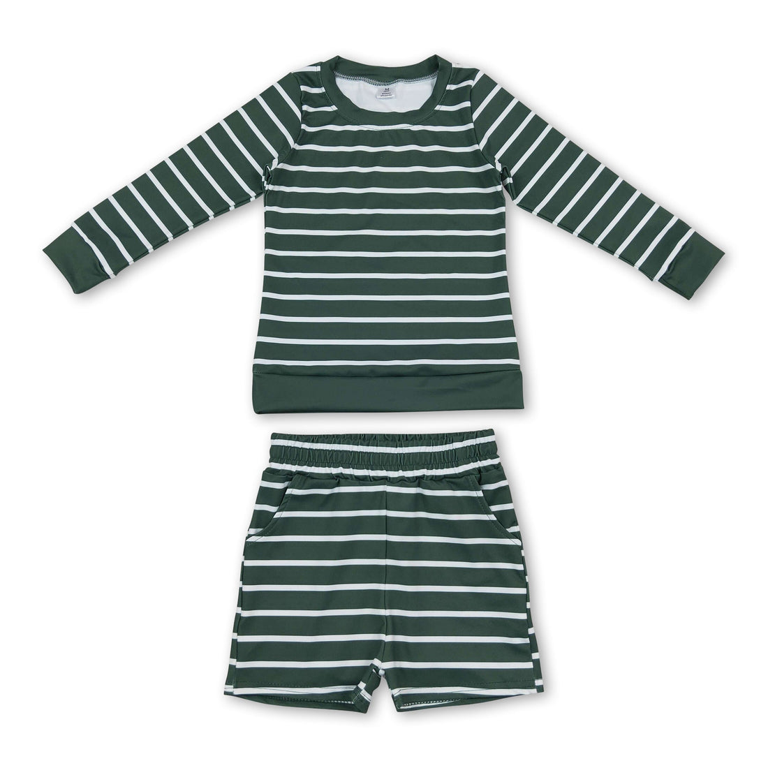 Dark green stripe long sleeves top shorts girls active wear set