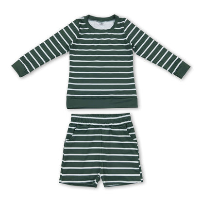 Dark green stripe long sleeves top shorts girls active wear set