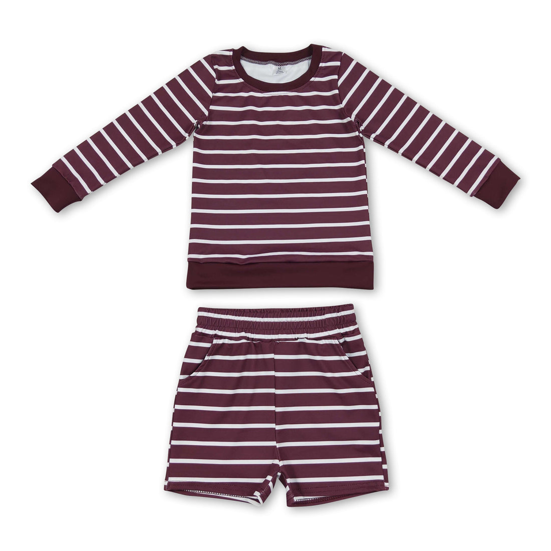 Wine red stripe long sleeves top shorts girls active wear set