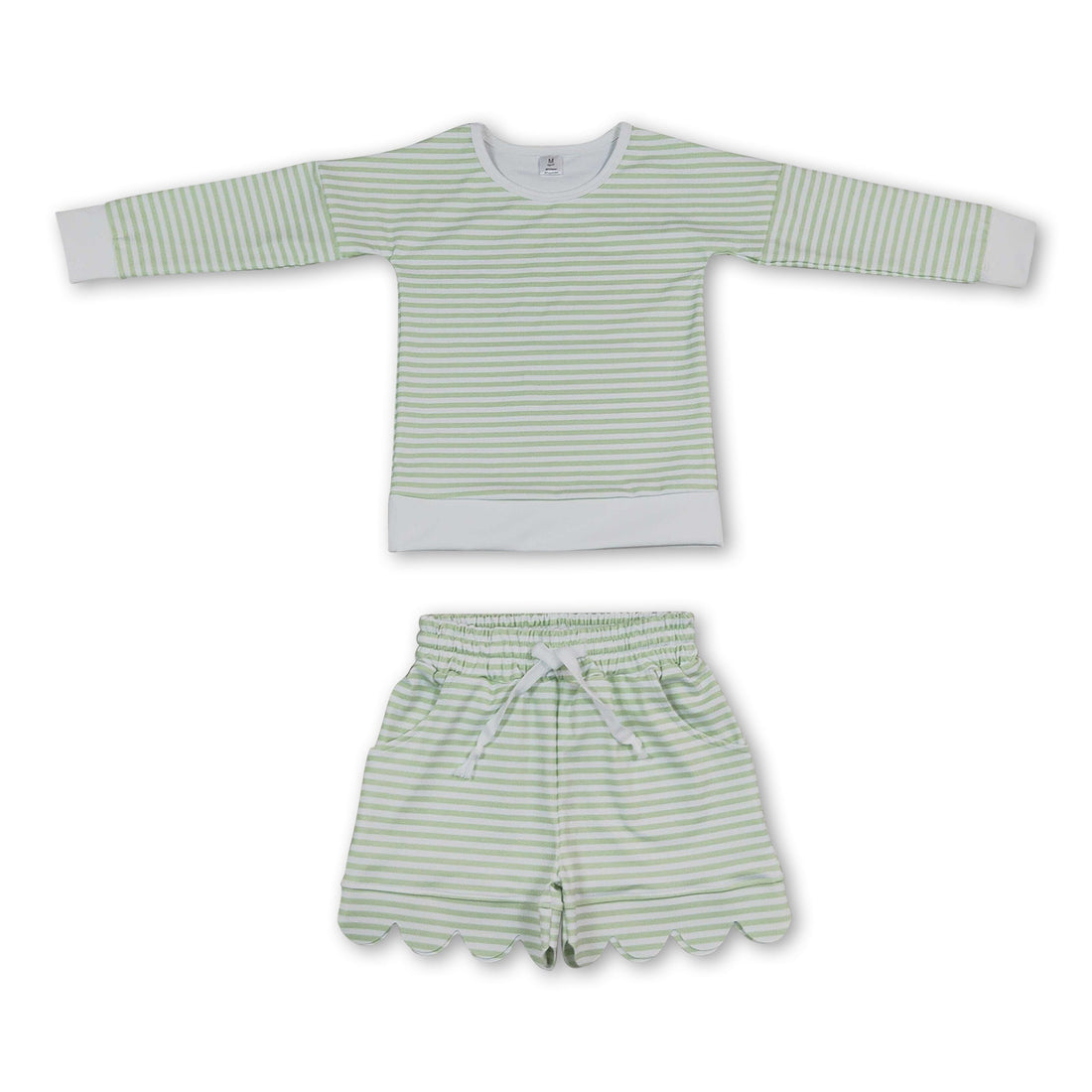 Green stripe top scallop shorts girls active wear set