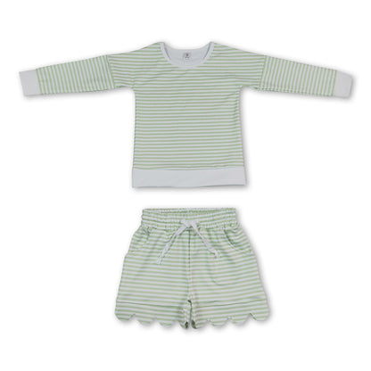 Green stripe top scallop shorts girls active wear set