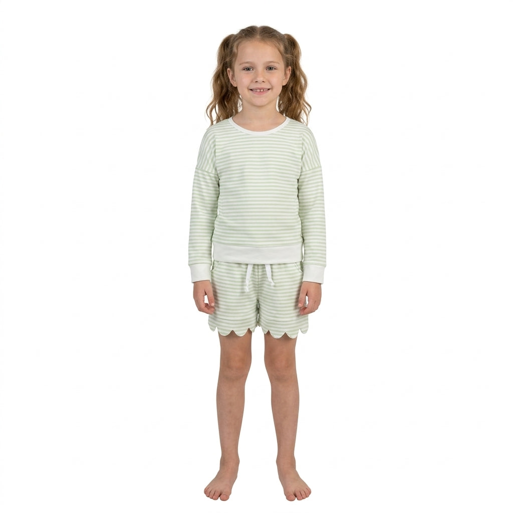 Green stripe top scallop shorts girls active wear set