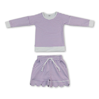 Lavender stripe top scallop shorts girls active wear set