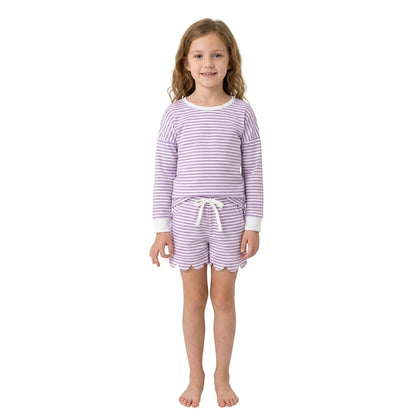 Lavender stripe top scallop shorts girls active wear set