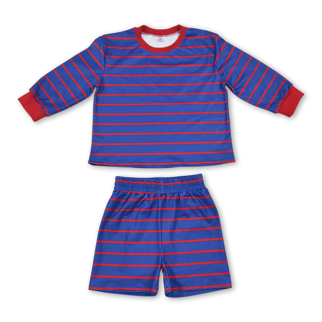 Blue red stripe long sleeves top shorts girls active wear set