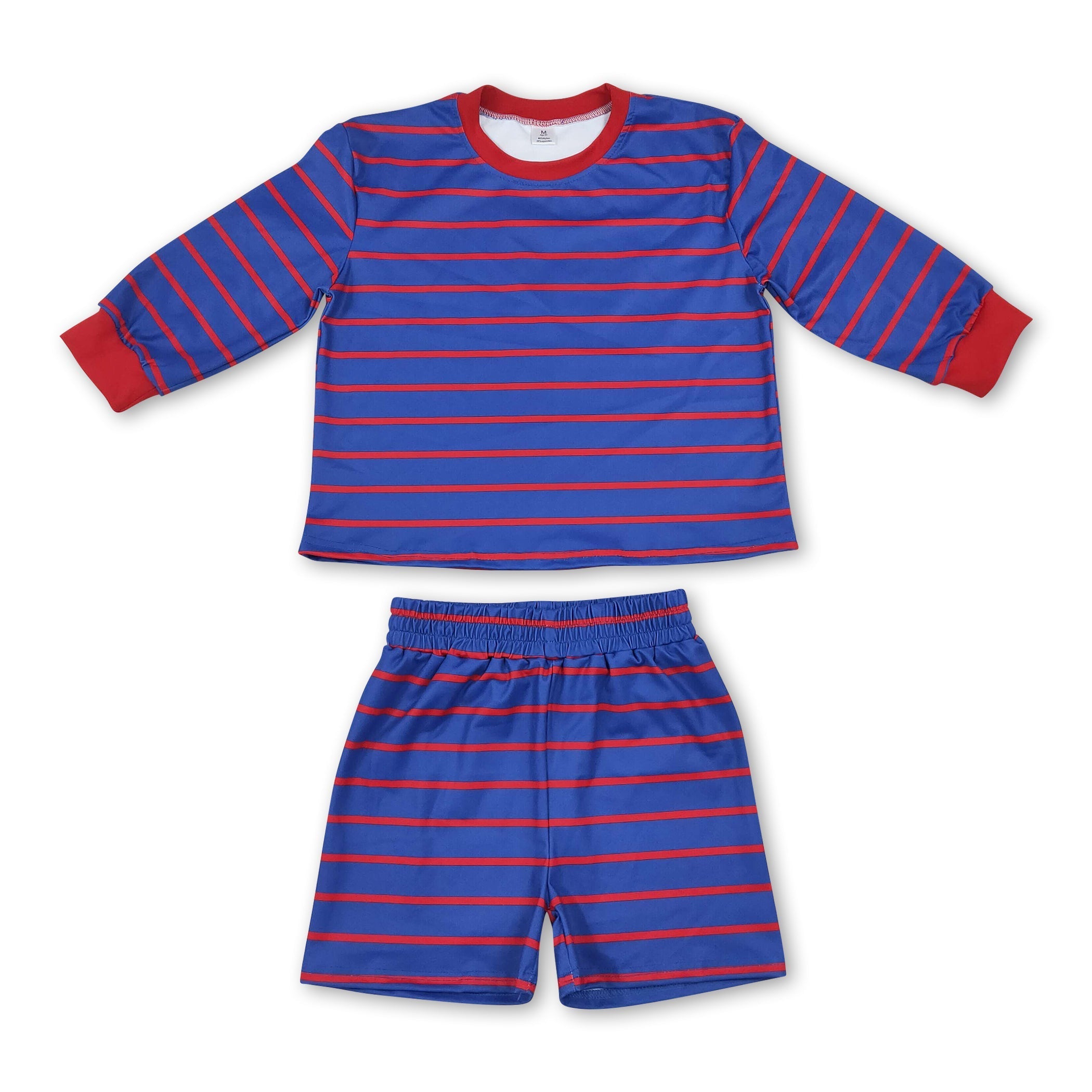 Blue red stripe long sleeves top shorts girls active wear set