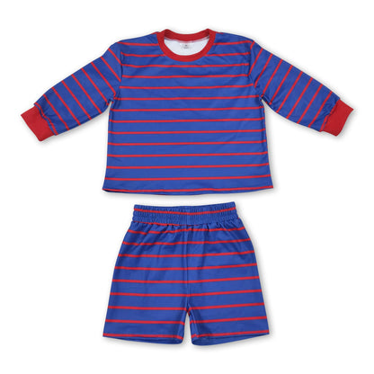 Blue red stripe long sleeves top shorts girls active wear set