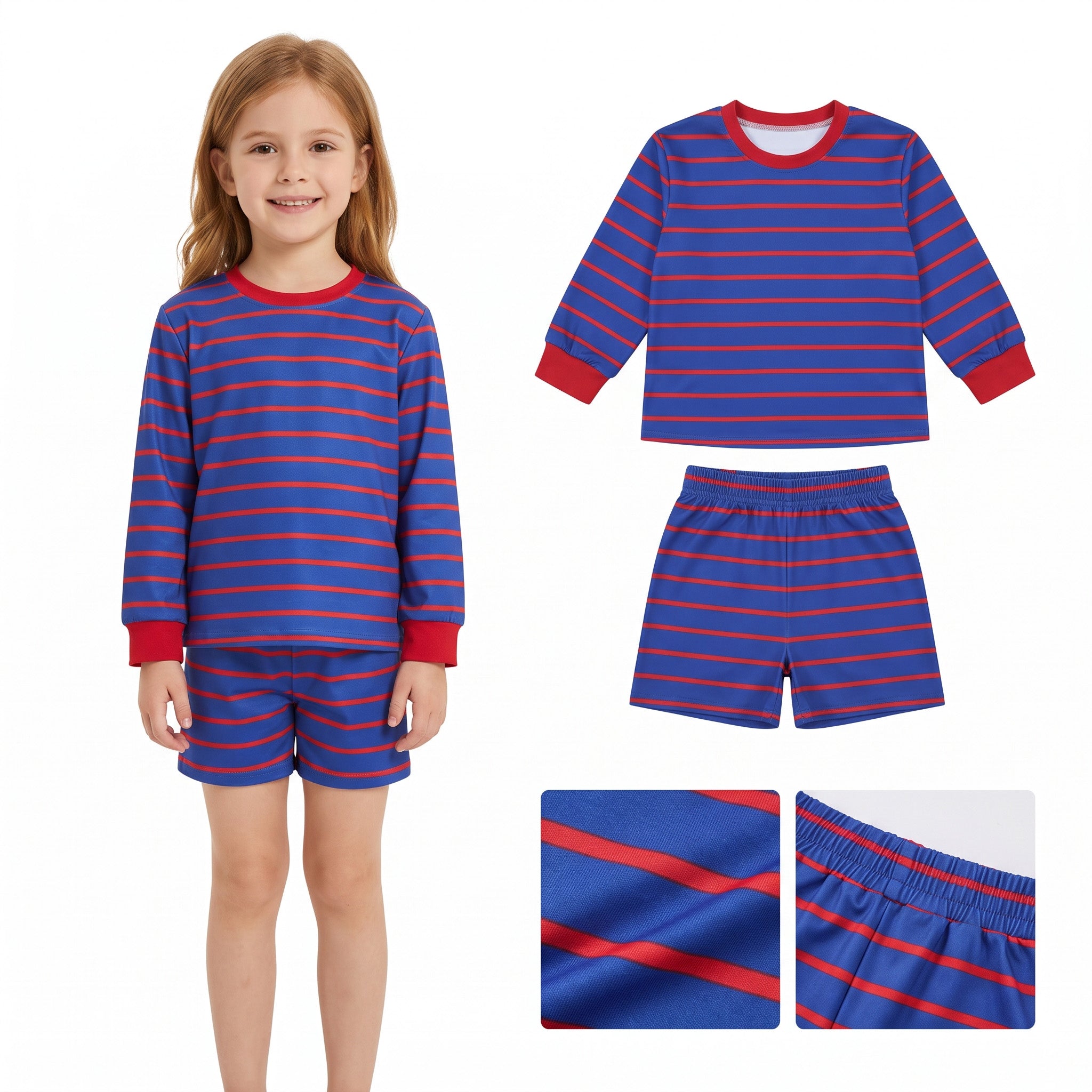 Blue red stripe long sleeves top shorts girls active wear set
