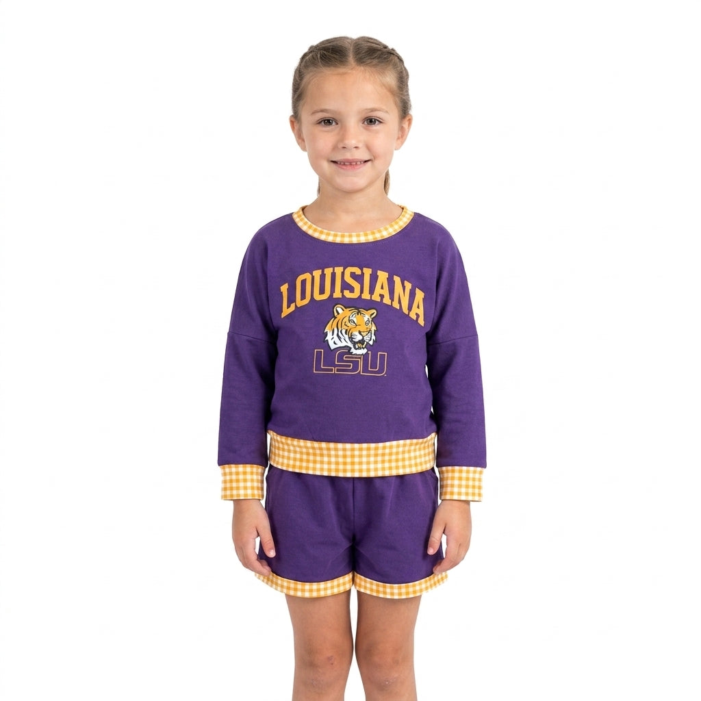 Long sleeves purple tiger vinyl top shorts girls team outfits