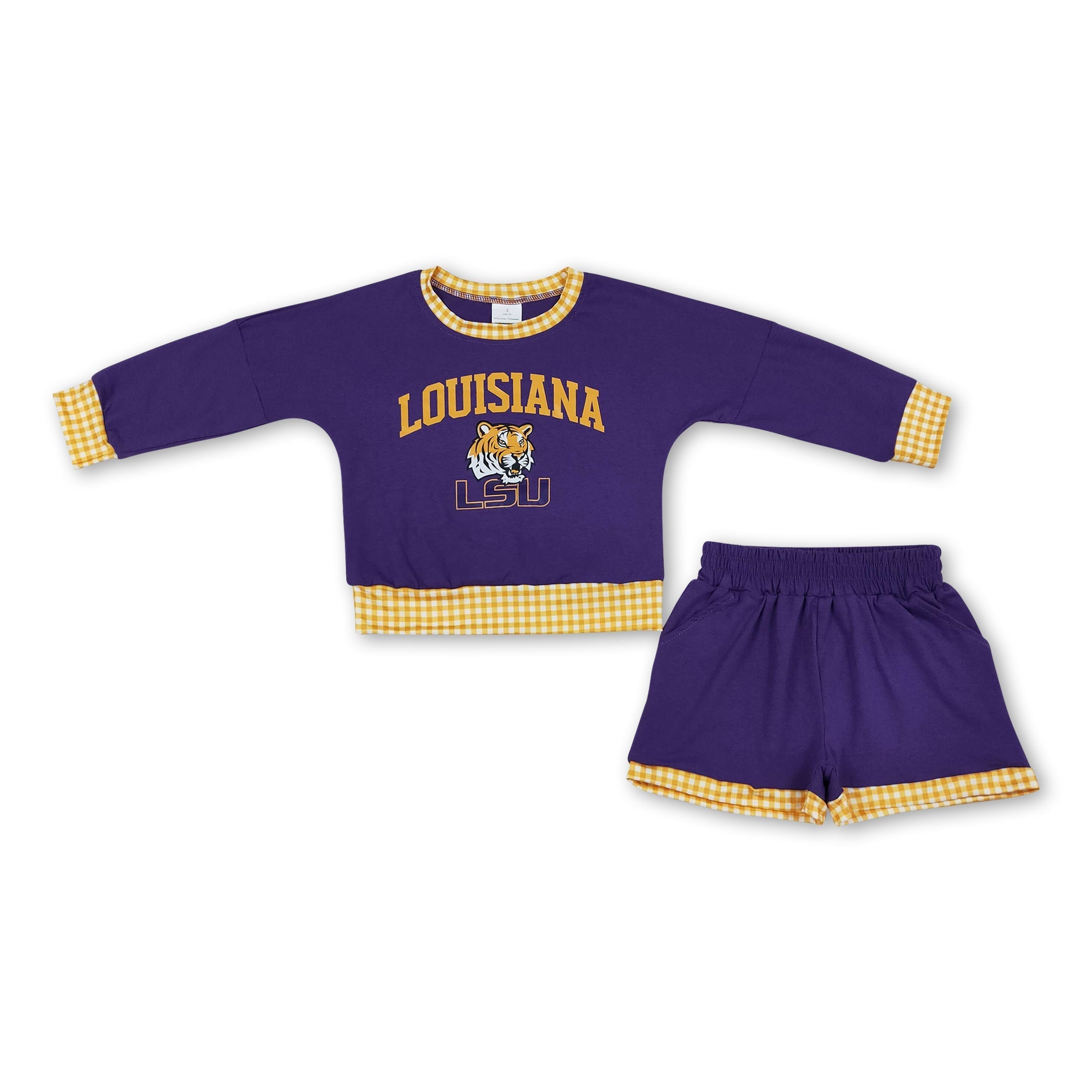 Long sleeves purple tiger vinyl top shorts girls team outfits