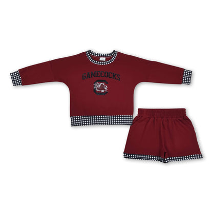 Long sleeves maroon C top shorts girls team outfits