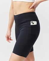 Black Goal Five Go Again Bike Short 8" for training, featuring a slim fit and moisture-wicking fabric for active performance.