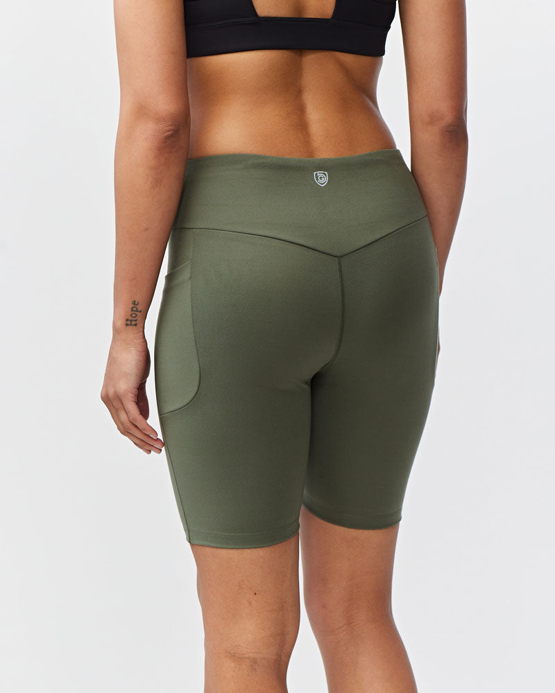 Goal Five Go Again Bike Short 8-inch training shorts in dark moss, featuring a comfortable fit and athletic design.
