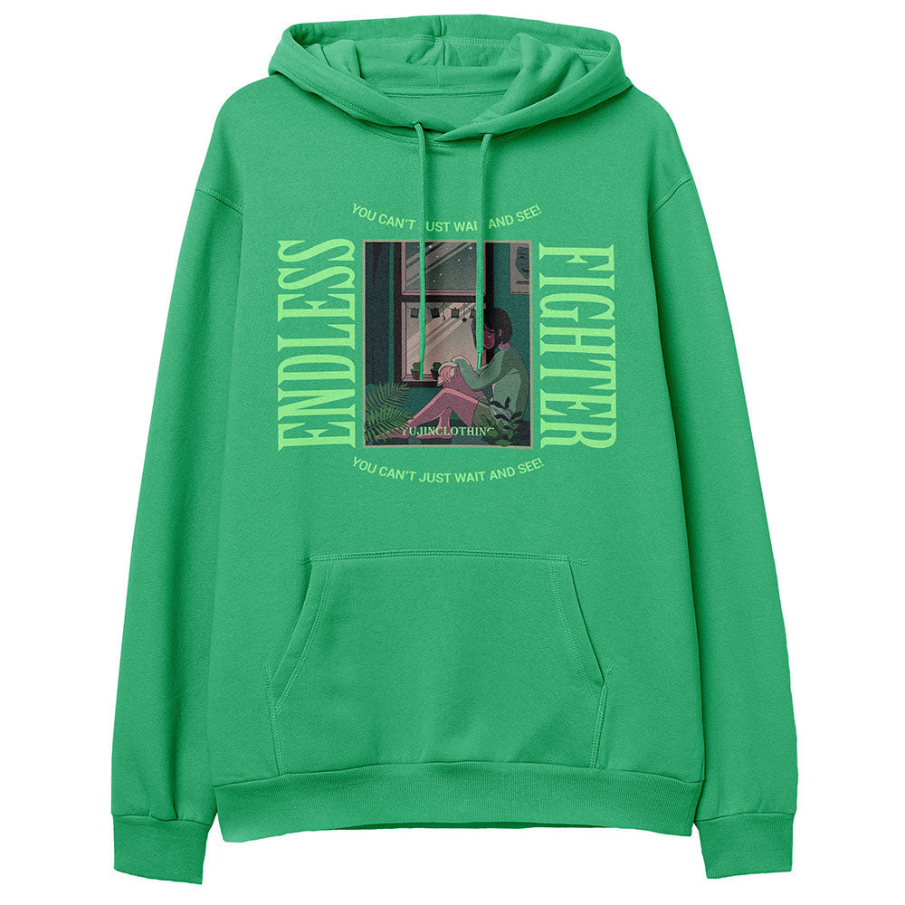 Yūjin Clothing Endless Fighter hoodie featuring a comfortable fit with a bold graphic design in black and white.