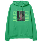 Yūjin Clothing Endless Fighter hoodie featuring a comfortable fit with a bold graphic design in black and white.