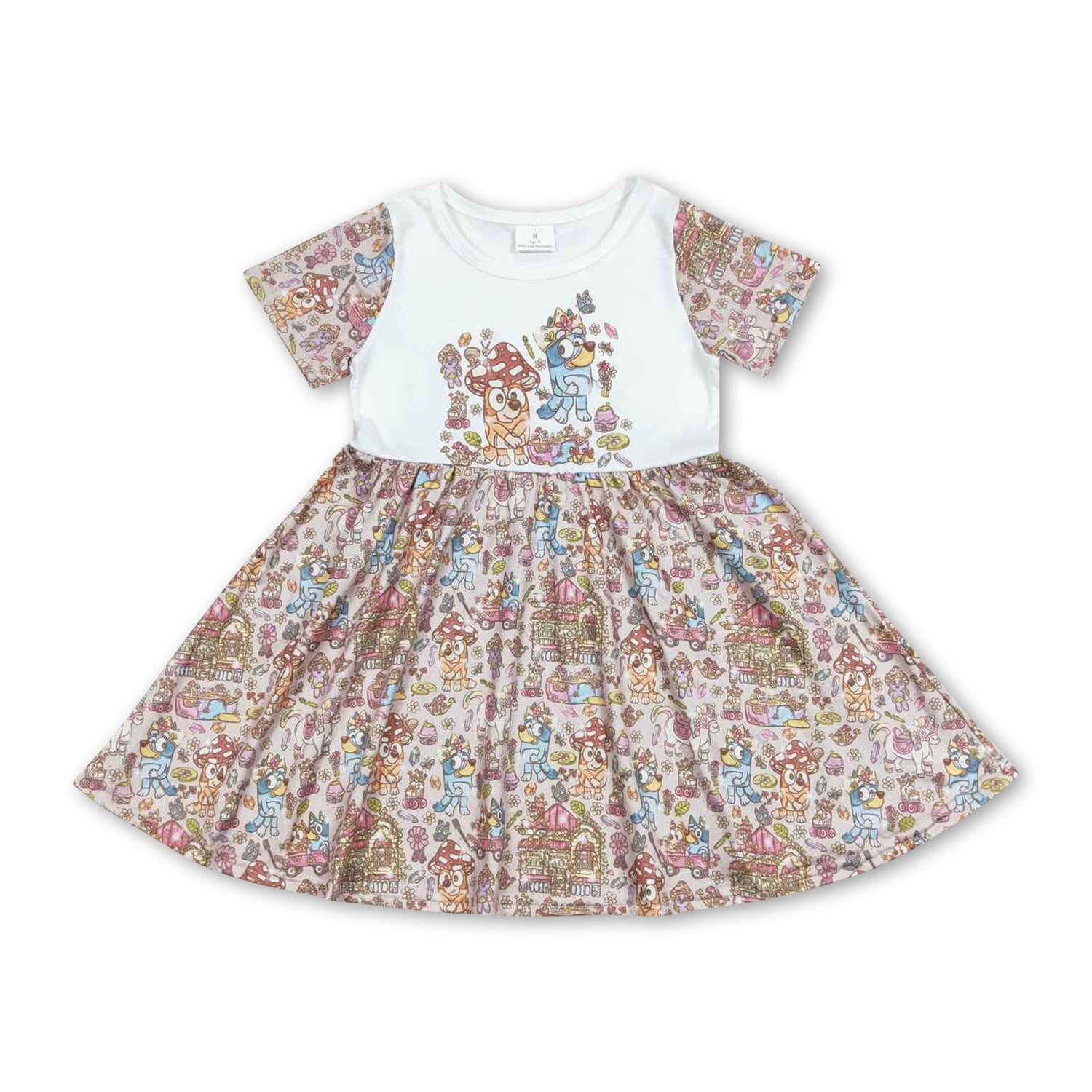 Short sleeves mushroom dogs kids girls dresses