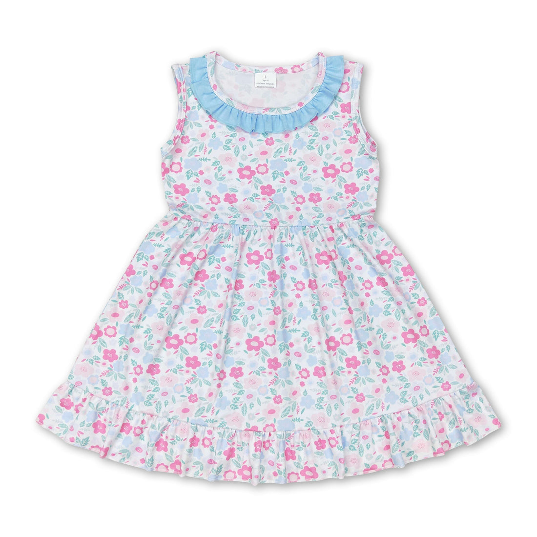Light blue ruffle sleeveless floral girls summer dress