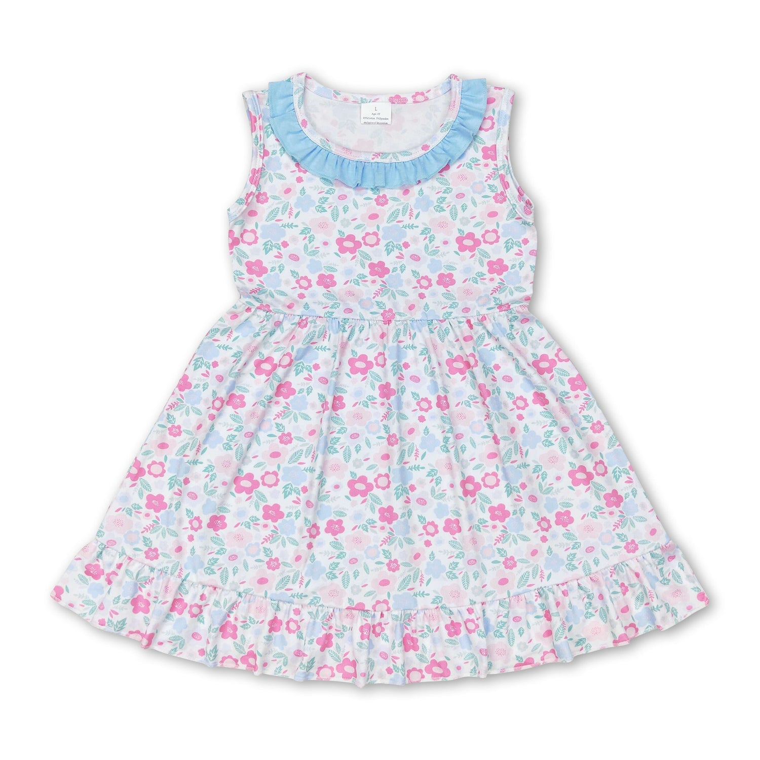 Light blue ruffle sleeveless floral girls summer dress