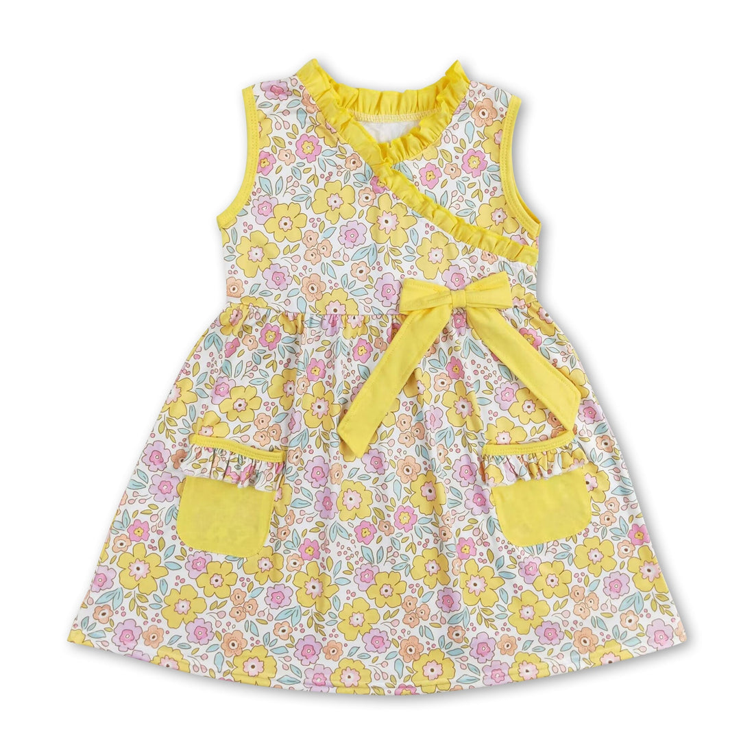 Yellow sleeveless floral pockets baby girls dresses