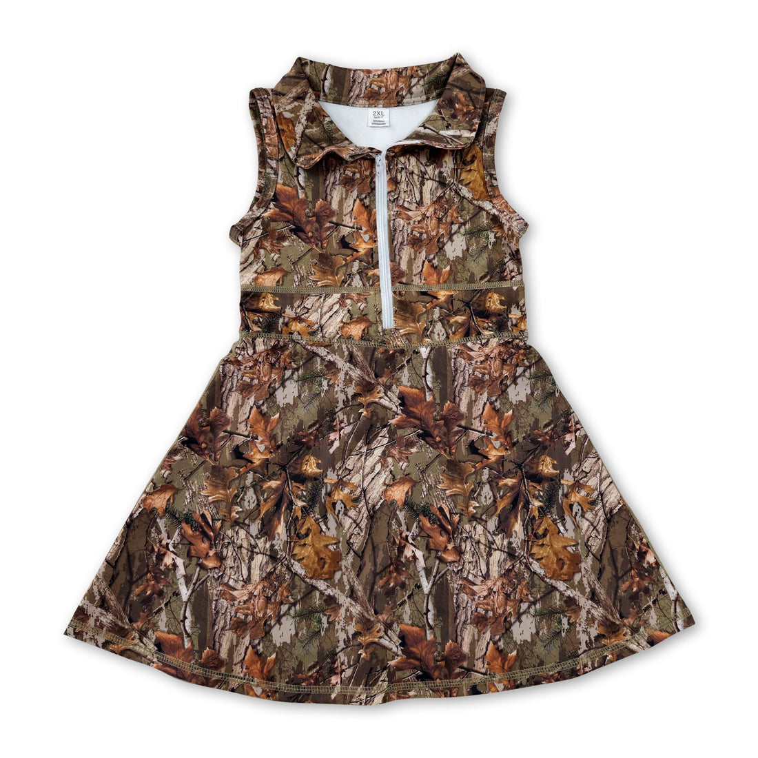Kids girls sleeveless leaves camo athletic dress by Mini Rodeo featuring a zipper and short sleeves, perfect for active wear.