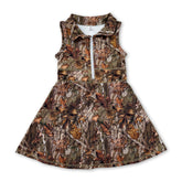Kids girls sleeveless leaves camo athletic dress by Mini Rodeo featuring a zipper and short sleeves, perfect for active wear.