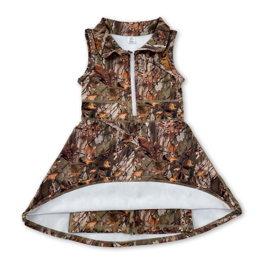 Mini Rodeo sleeveless leaves camo zipper kids girls athletic dress, short sleeve design with leaf print and front zipper detail.