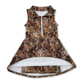 Mini Rodeo sleeveless leaves camo zipper kids girls athletic dress, short sleeve design with leaf print and front zipper detail.