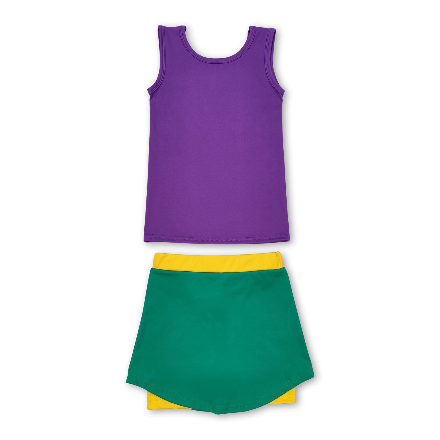 Purple top yellow green skirt girls mardi gras active wear set
