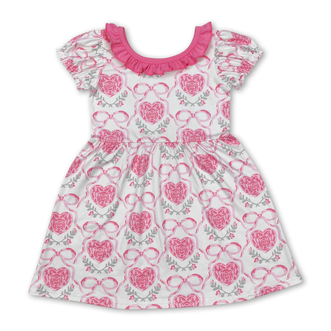 Short sleeves heart pink bow floral baby girls valentine&
