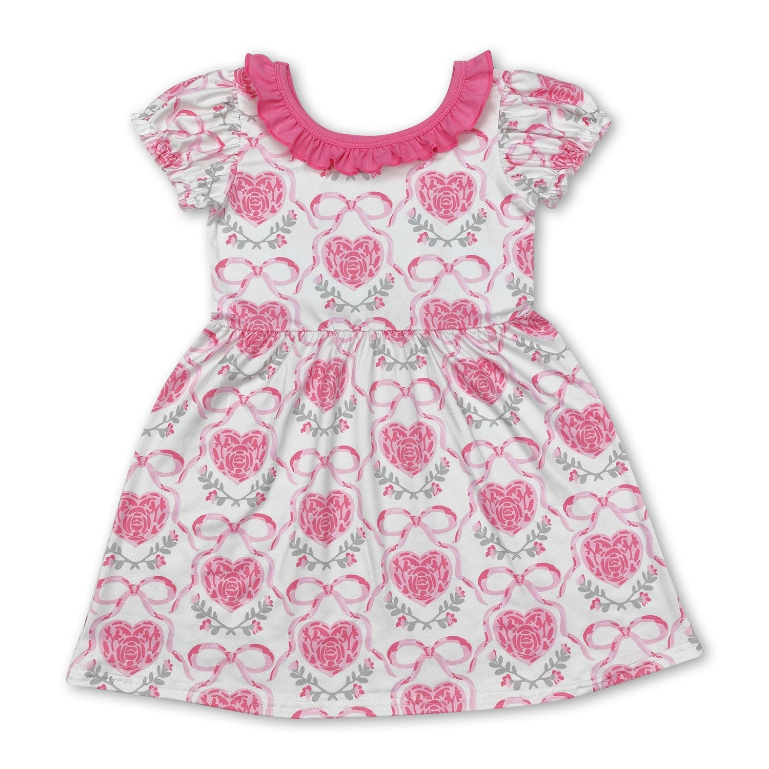 Short sleeves heart pink bow floral baby girls valentine&