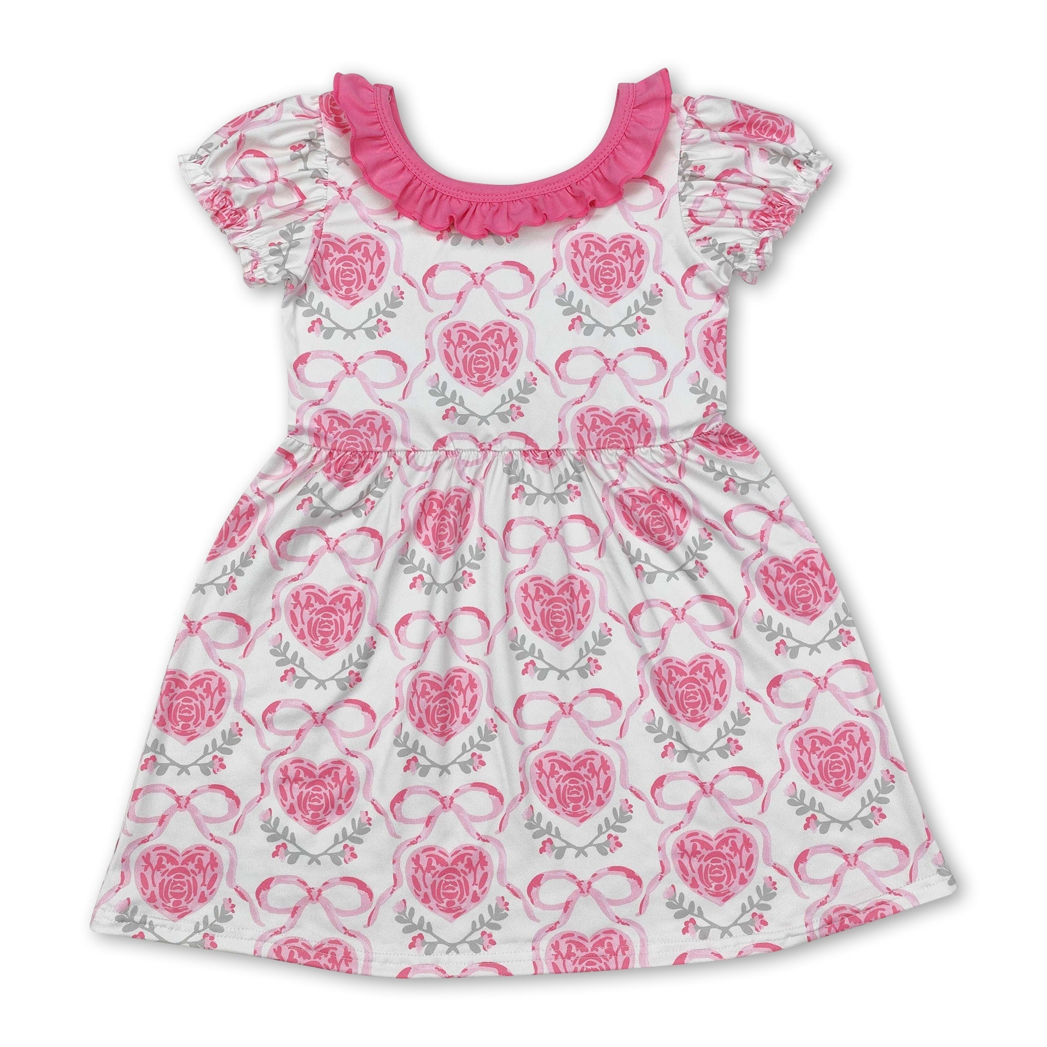 Short sleeves heart pink bow floral baby girls valentine&