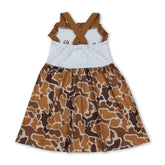 Mini Rodeo camo duck call dog straps on a short sleeve dress for kids and girls, featuring playful camo and duck call design.