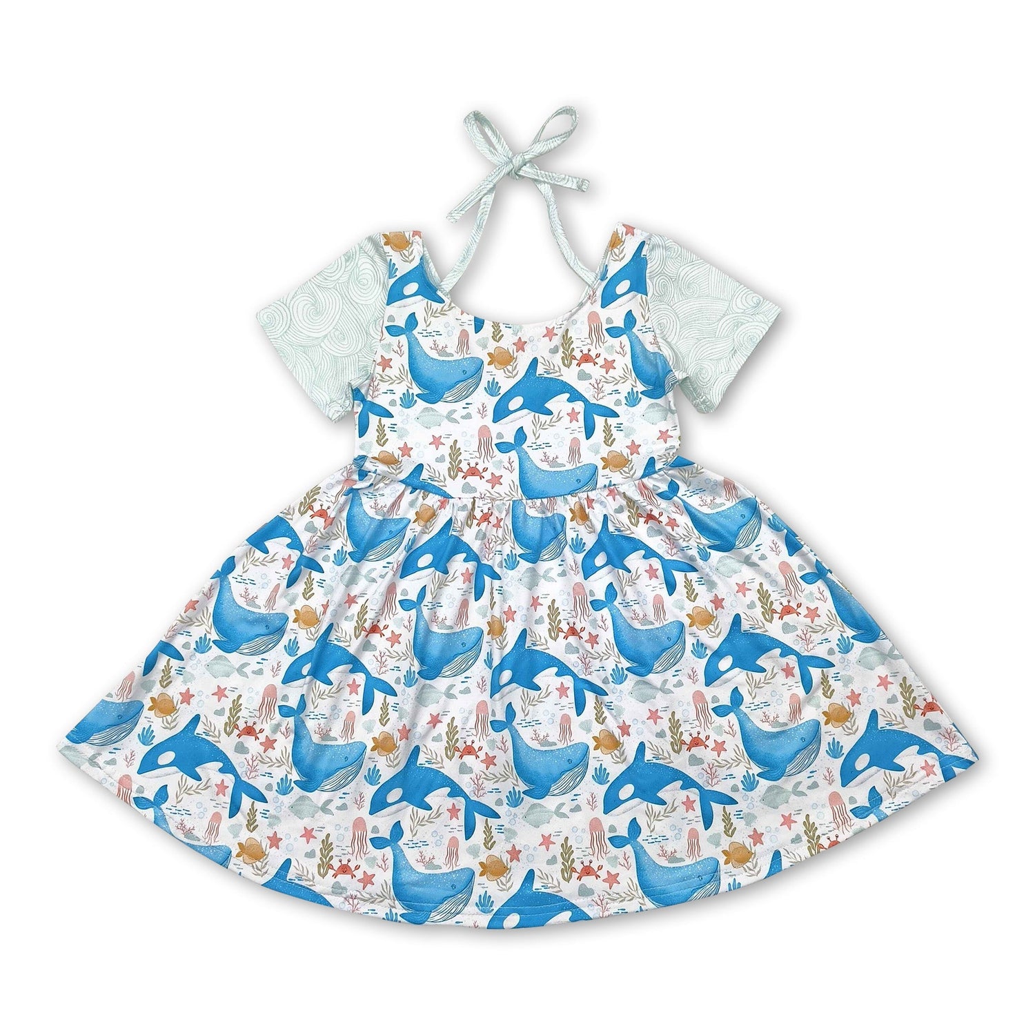 Short sleeves dolphin seaweed kids girls summer dress