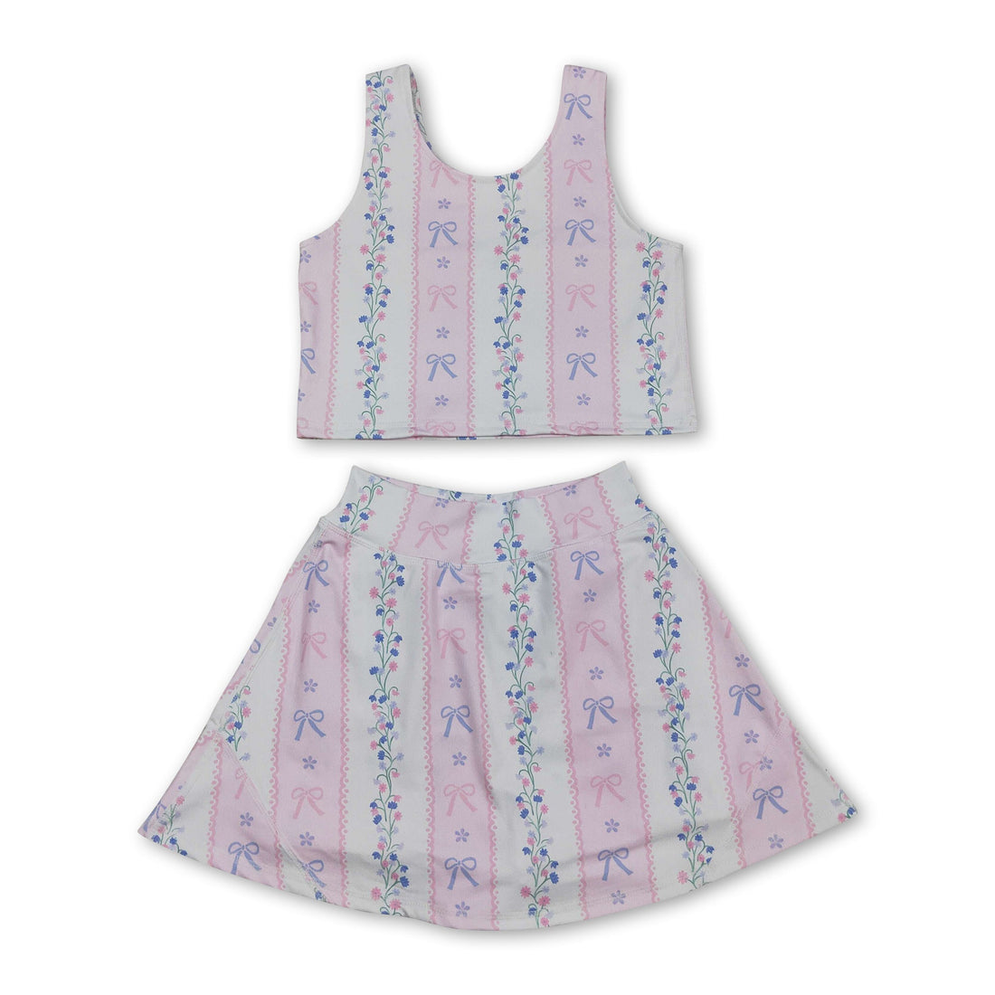 Pink sleeveless floral top and skirt set for girls by Mini Rodeo, featuring bow details and short sleeves, perfect for active wear.