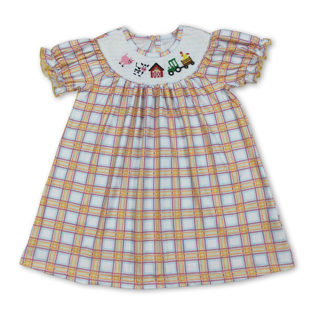 Cow tractor plaid short sleeves farm girls dresses