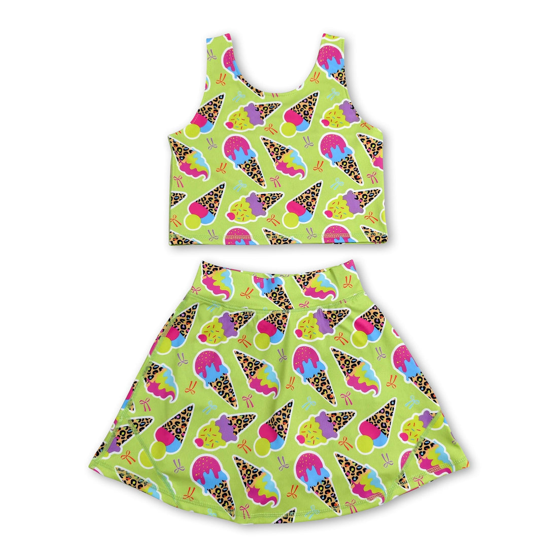 Mini Rodeo girl sleeveless leopard ice cream bow activewear set with short sleeve top and skirt for girls, stylish and comfortable.