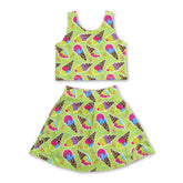 Mini Rodeo girl sleeveless leopard ice cream bow activewear set with short sleeve top and skirt for girls, stylish and comfortable.