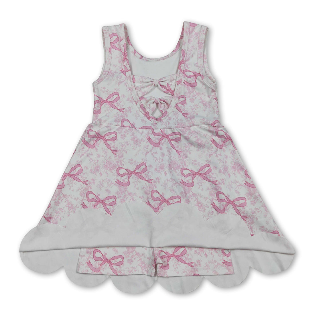 Pink sleeveless floral summer dress for girls by Mini Rodeo, featuring a bow and short sleeves, perfect for warm weather.