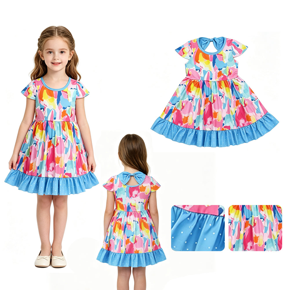 Short sleeves tie dye polka dots ruffle girls dresses